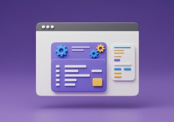 Render of interface with gears on purple and white screen