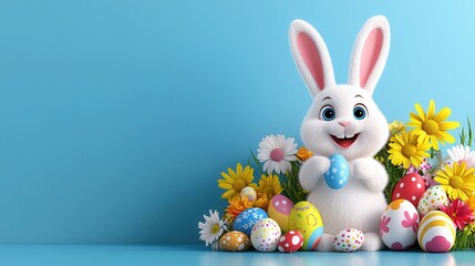 Cute Cartoon Bunny with Colorful Eggs and Flowers for Easter Celebration