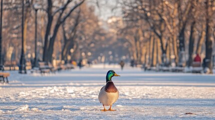 mallard duck standing prominently on a snow-covered pathway surrounded by bare trees in a serene winter park setting with golden sunlight
