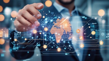 Man Touching Digital Earth with Crypto Icons Showcasing Future Technology