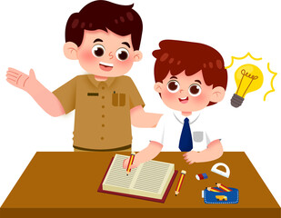 Tutoring Session:  Smiling Teacher Guiding Student with Bright Idea