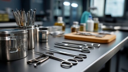 Professional medical instruments arranged on examination table in clinic