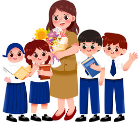 Smiling Teacher with Bouquet and Enthusiastic Students in Uniforms