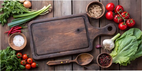 Empty wooden cutting board surrounded by fresh vegetables and herbs on rustic wooden planks cutting, board, vegetables, rustic, fresh, ingredients, tomatoes, garlic, spices, cooking 