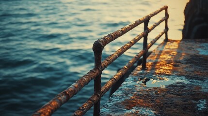 Obraz premium A rusted metal railing overlooks a sunlit body of water, with golden light reflecting on the textured surface, evoking a sense of nostalgia.