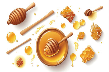 Honey and wooden dipper isolated on white background, top view