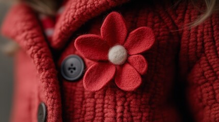 A vibrant red coat adorned with a felt flower, exuding warmth and style in its intricate details.