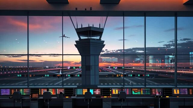 Airport Control Tower at Sunset: Air Traffic Management