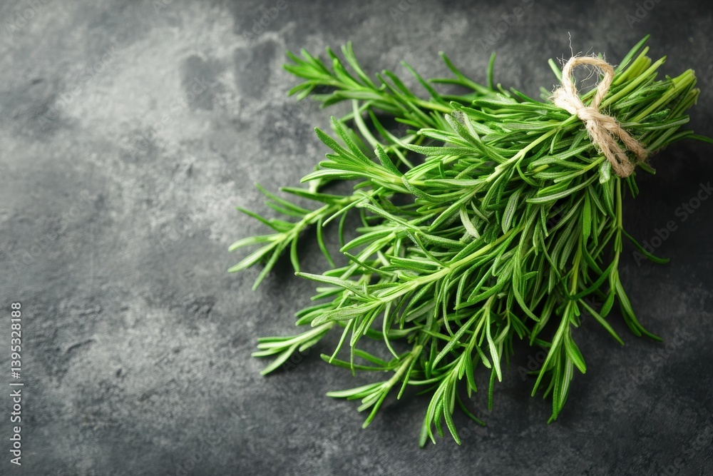 Poster freshly picked rosemary bundle on dark textured surface ready for culinary use and flavor enhancemen