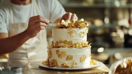 A baker meticulously decorates a two-tier cake with golden leaves in a bright kitchen, highlighting attention to detail and artistry.