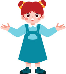 Expressive Girl with Teal Jumper and Updo, Open Arms Gesture