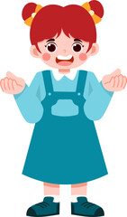 Joyful Girl with Red Hair and Teal Overall Dress, Open Palms