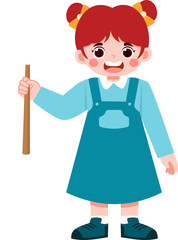 Fototapeta premium Cheerful Girl in Teal Dress Holding Wooden Stick, Cartoon Illustration