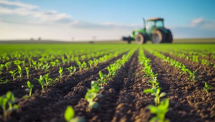 Sprout Field Landscape, Young Green Plants Emerging, Tractor Distant, Blue Sky, Rows