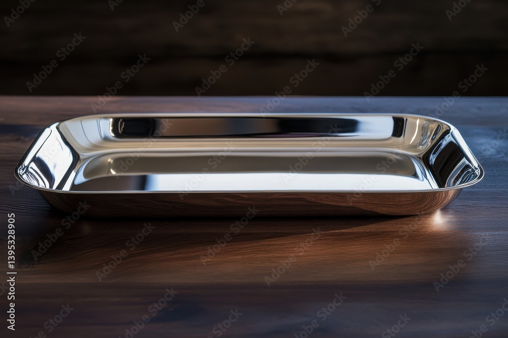Aufkleber rectangular stainless steel tray resting on a wooden surface, reflecting soft light in a minimalisti