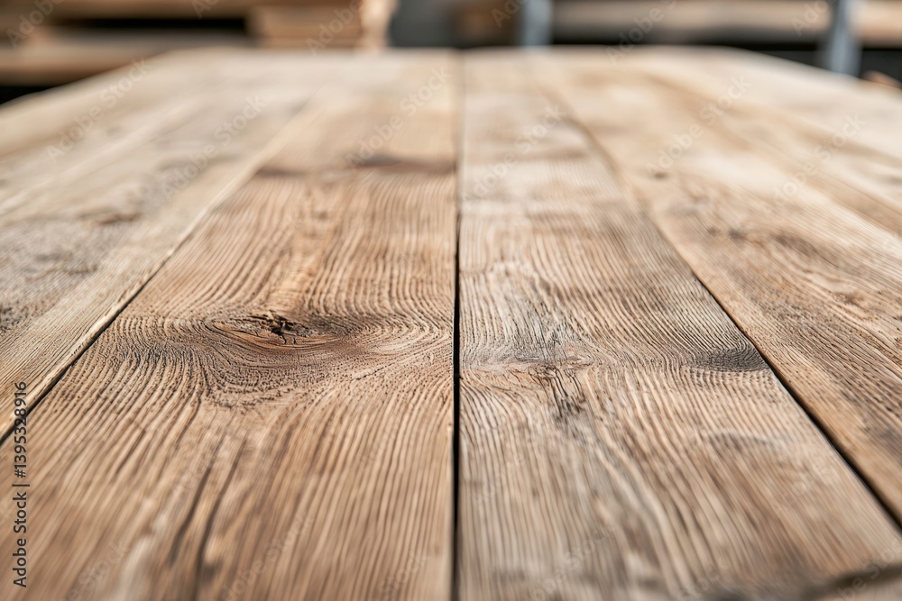 Aufkleber rustic raw wood tabletop showcasing natural grain in blurred workshop background