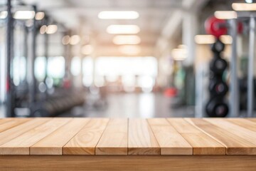 Empty wooden table with a blurred gym background, ideal for product display or fitness promotions.