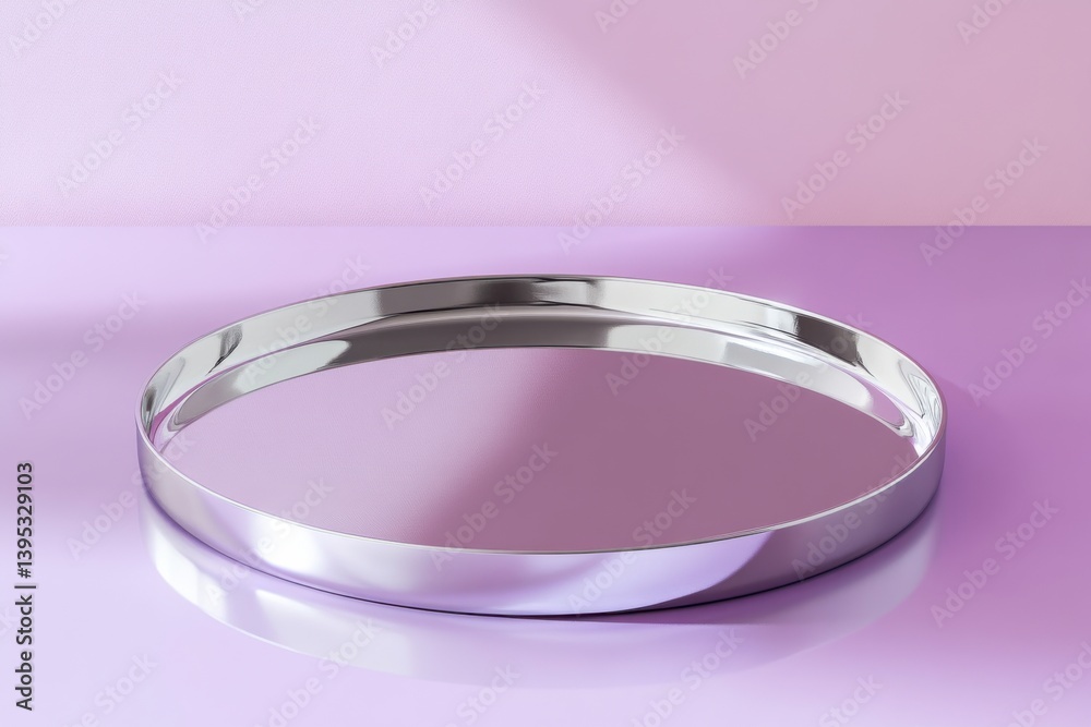 Poster Circular silver tray resting on a smooth pastel purple surface with soft reflective lighting in a minimalistic setup