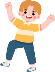 Joyful Boy in Yellow Shirt Celebrates with Fists Pumped