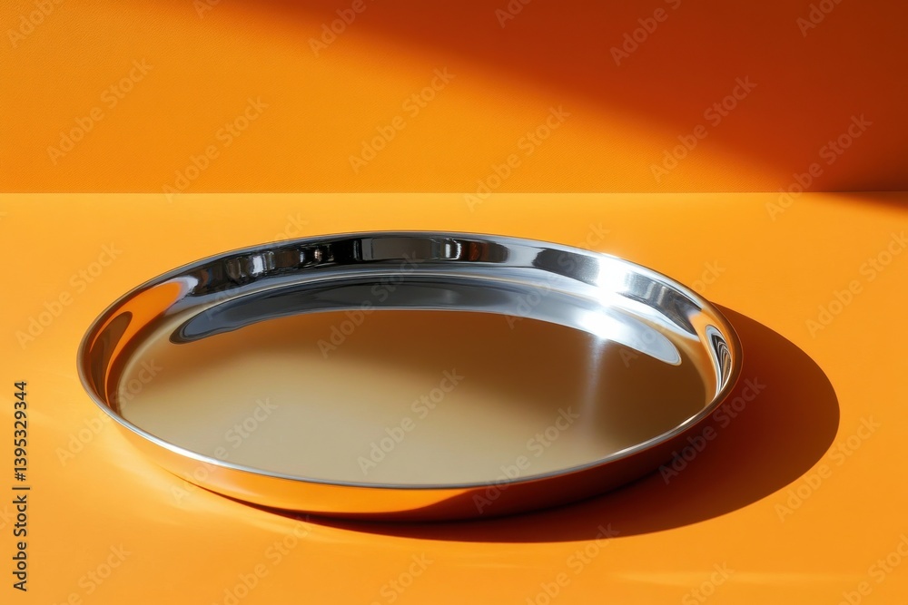 Poster shiny metal tray on a vivid orange background showcasing its smooth surface and reflections