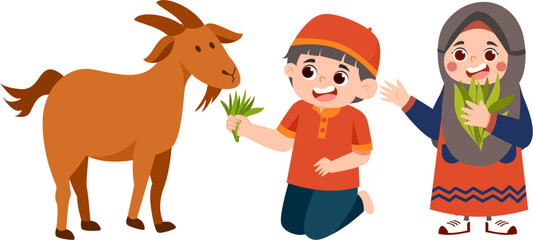 Joyful Children Feeding a Brown Goat with Fresh Grassfor Idul Adha Celebration