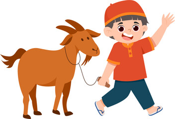 Fototapeta premium Smiling Boy in Festive Attire Walking Brown Goat on a Leash for Idul Adha Celebration