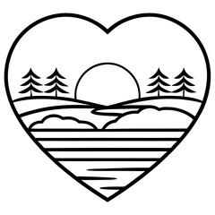 Sunset Over a Romantic Heart Lake - Fine Line Art