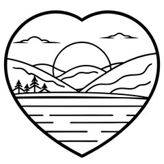 Sunset Over a Romantic Heart Lake - Fine Line Art