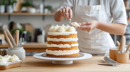 A baker meticulously decorates a three-layer cake with creamy frosting in a cozy kitchen, showcasing artistry and culinary passion in a delicious creation.