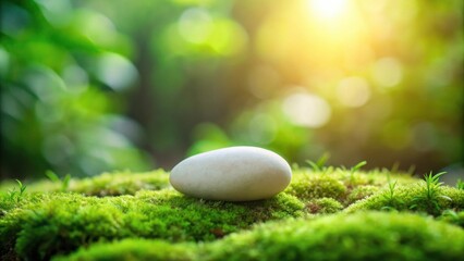 Serene White Stone Resting on Lush Green Moss in Sunlight