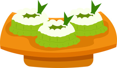 Three Green Pandan Cakes with Coconut Cream on Orange Tray