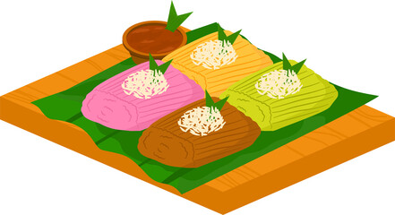 Isometric Illustration: Colorful Steamed Rice Cakes with Dipping Sauce on Banana Leaf