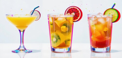  Glitch Style Cocktails Featuring Star Fruit, Passionfruit, and Kiwi Transparent Background for Unique Aesthetic