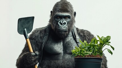 Strong gorilla gardener holding shovel and potted plant.
