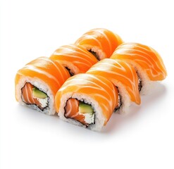 Salmon sushi rolls, arranged on white background