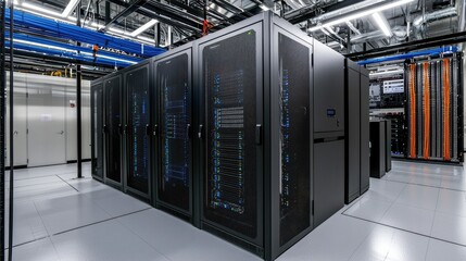 Advanced data center with sleek black server racks, structured cabling, and modern lighting. Ideal for showcasing IT infrastructure, networking, and secure cloud systems