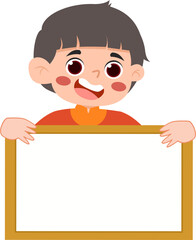 Joyful Boy Holding Blank Wooden Sign, Cartoon Illustration