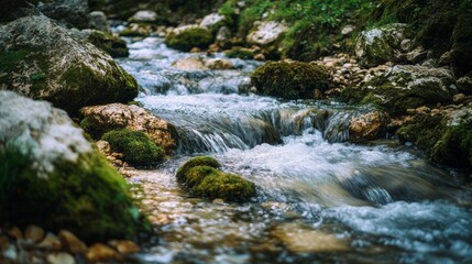 Fototapeta premium A clear brook gently ripples over stones, winding through a serene green landscape, embodying the peaceful flow of nature's timeless beauty.