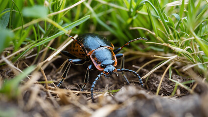 Close Up Of Sylvan Ground Beetle In Natural Habitat Grass And Soil