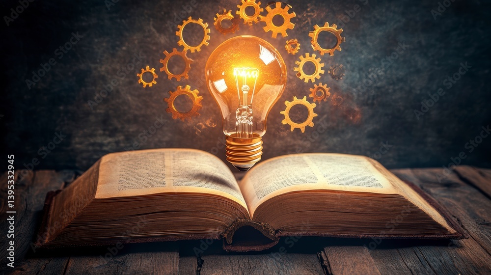 Poster glowing lightbulb above open book with gears, symbolizing knowledge, innovation, and ideas.
