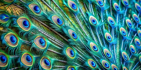 Close-up view of a peacock's iridescent feathers displaying vibrant blue and green hues  blue, green, plumage, detail, nature, bird, wildlife, tropical, patterns, beauty, color, 
