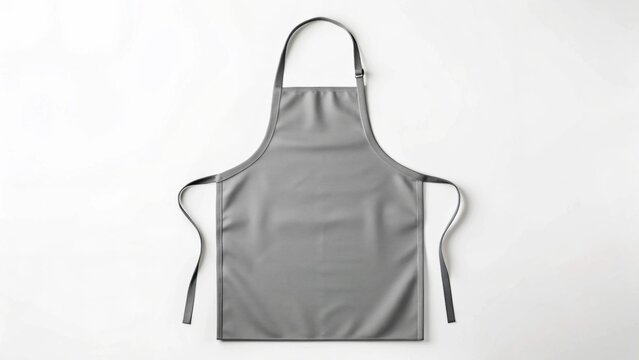 Gray kitchen apron laid flat on a white background, featuring adjustable ties.
