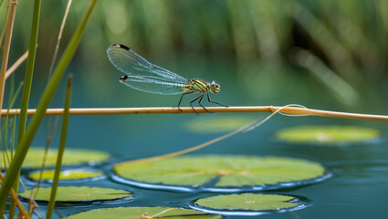 Naklejka premium Damselfly Resting On Reed Above Lily Pads Serene Aquatic Macro Scene