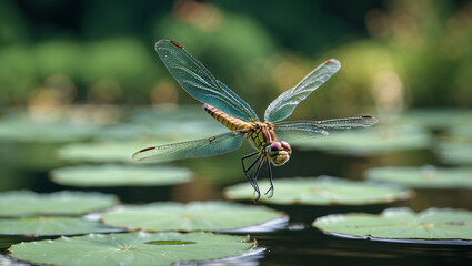 Naklejka premium Dragonfly Hovering Above Lily Pads In Serene Pond Nature Scene