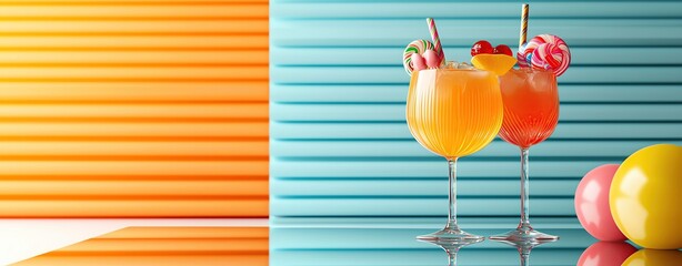 retro party theme depicted with a 70sstyle disco cocktail garnished with candy, bold colors and neon reflections on mirrored surface