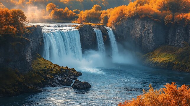 Majestic waterfall cascading into a tranquil river in autumn colors.