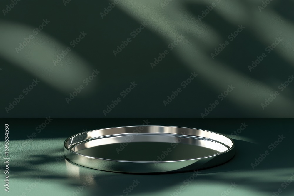 Poster Minimalist metal tray against a dark green backdrop with soft shadows illuminating the surface in a modern setting