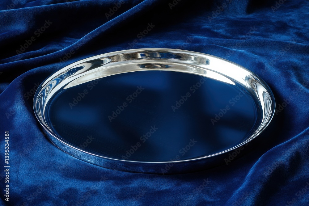 Poster shiny silver tray resting on dark velvet fabric showcasing elegant design and smooth surface