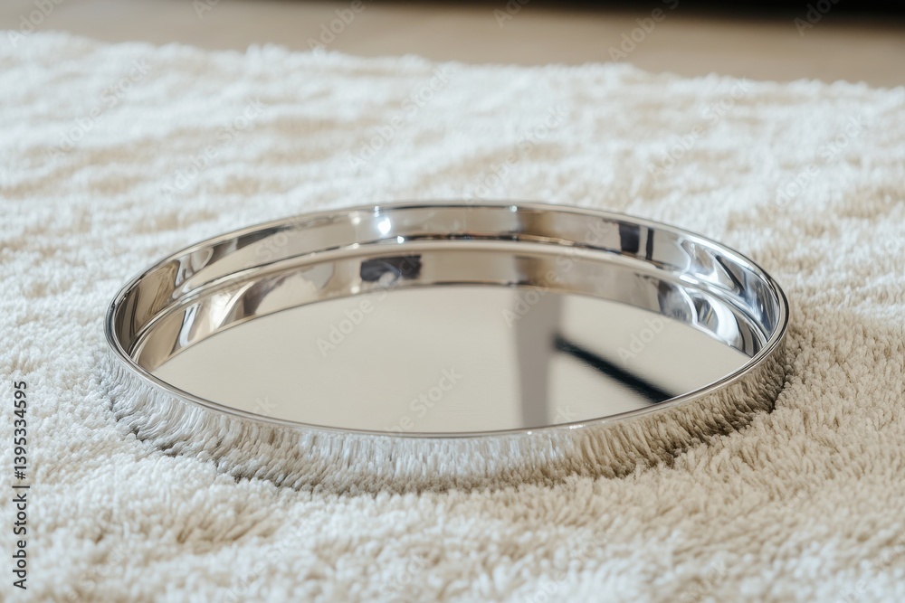 Poster shiny round tray placed on a soft carpet in a modern living room during daylight hours