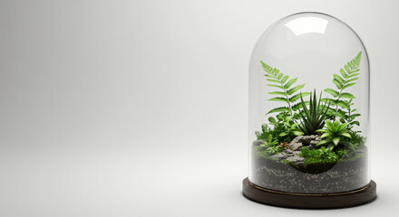 Glass florarium is a flask with tropical plants (ferns, moss) and succulents on a light background. Mini garden, terrarium, ecosystem in glass, creating a natural atmosphere in the room.